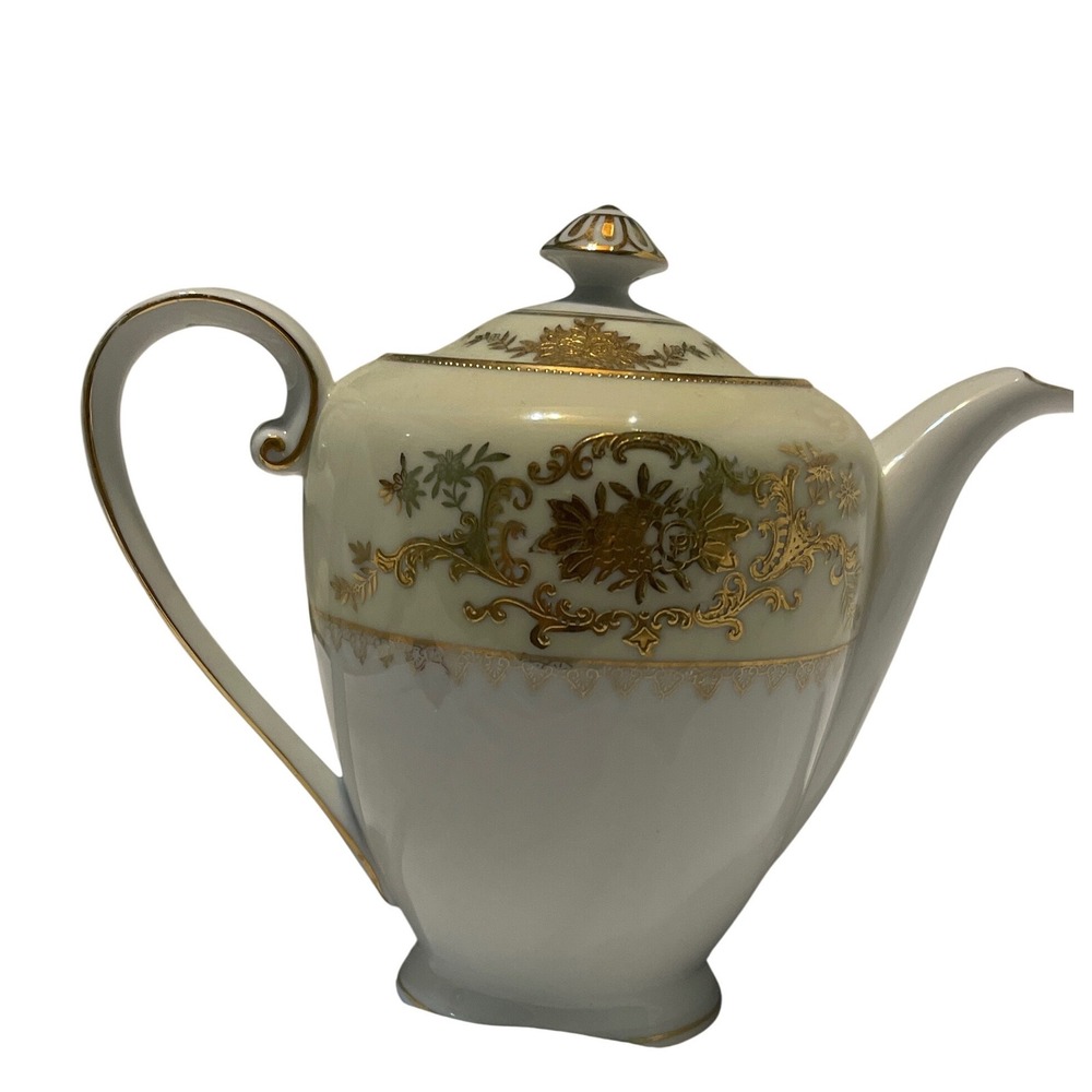 Vintage Japanese Porcelain Teapot Gold Filigree Floral Cream White Made in Japan